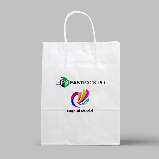 Sacoșe 14x8x21 cm din hârtie albă personalizate