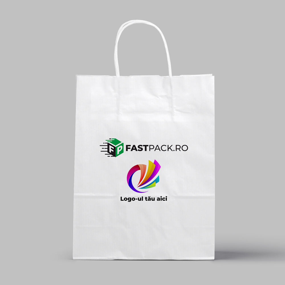 Sacoșe 22x10x31 cm din hârtie albă personalizate